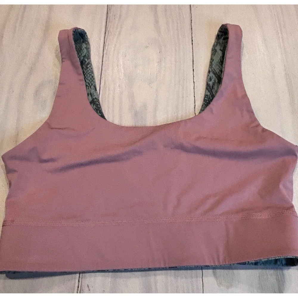Fabletics Reversible Sports Bra Green Snakeskin Mauve Pink L Yoga Athleisure